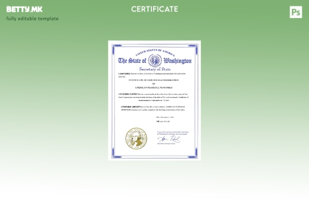 Модерен стил Шаблон за потврда за брак од државата Вашингтон во шаблон PSD форма